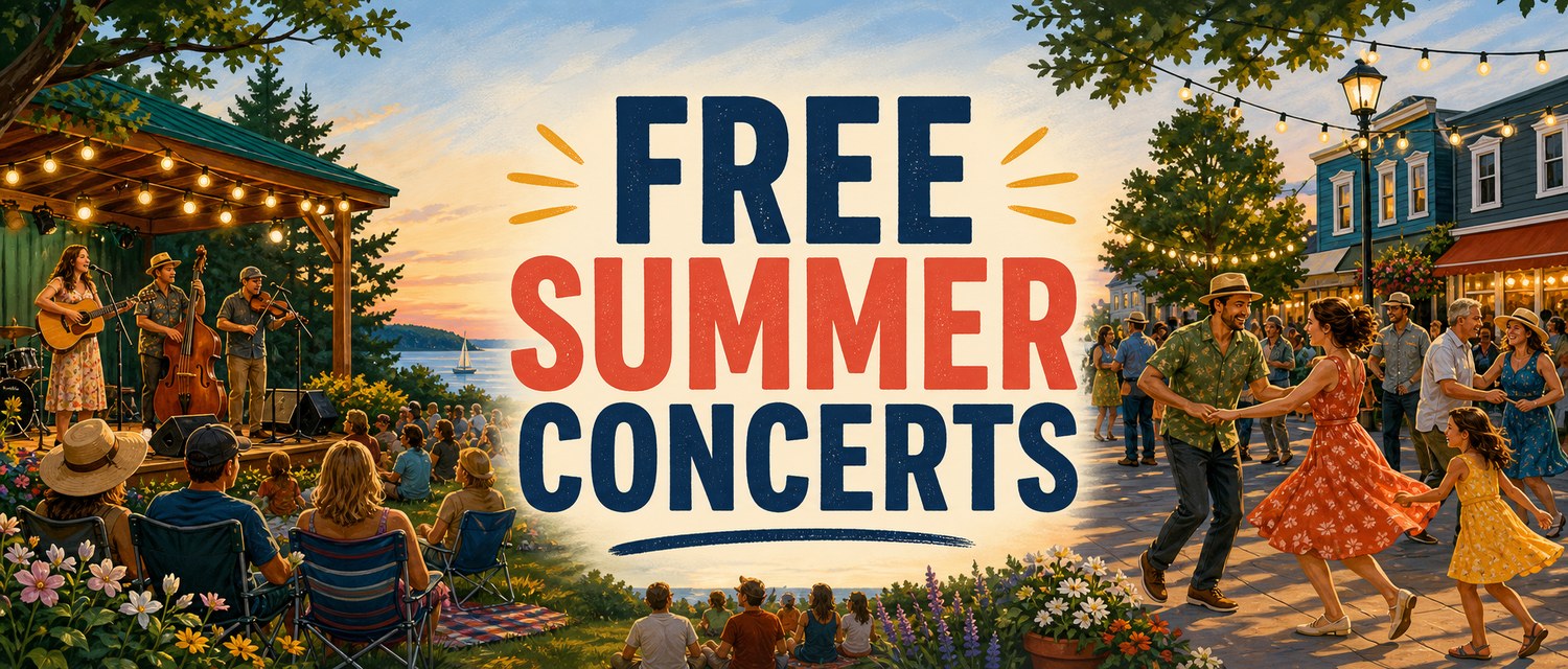 Whidbey Island outdoor concert and street dance illustration with musicians, dancers, string lights, and overlay text reading Free Summer Concerts.