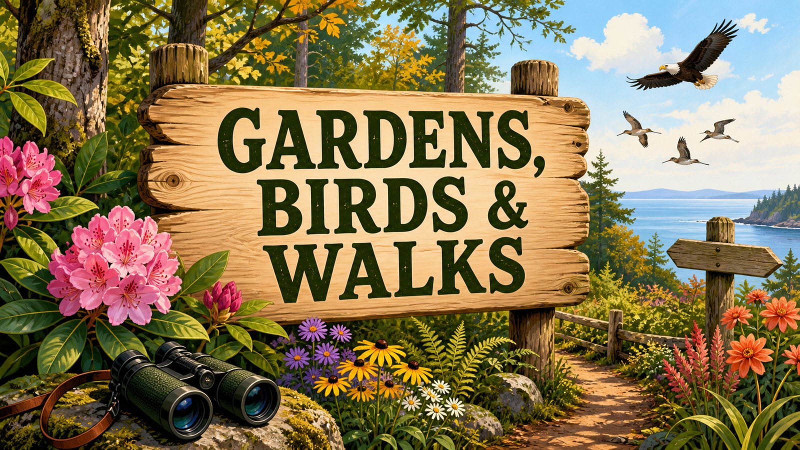 Illustrated Whidbey Island garden and birding scene with forest path, rhododendrons, binoculars, flying birds, and overlay text reading Gardens, Birds & Walks.