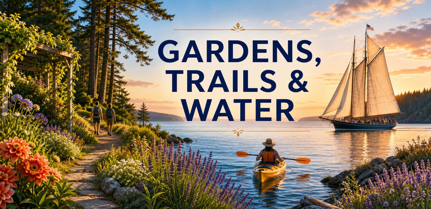 Whidbey Island outdoor adventures illustration with garden paths, kayaking, sailing, shoreline scenery, and overlay text reading Gardens, Trails & Water.