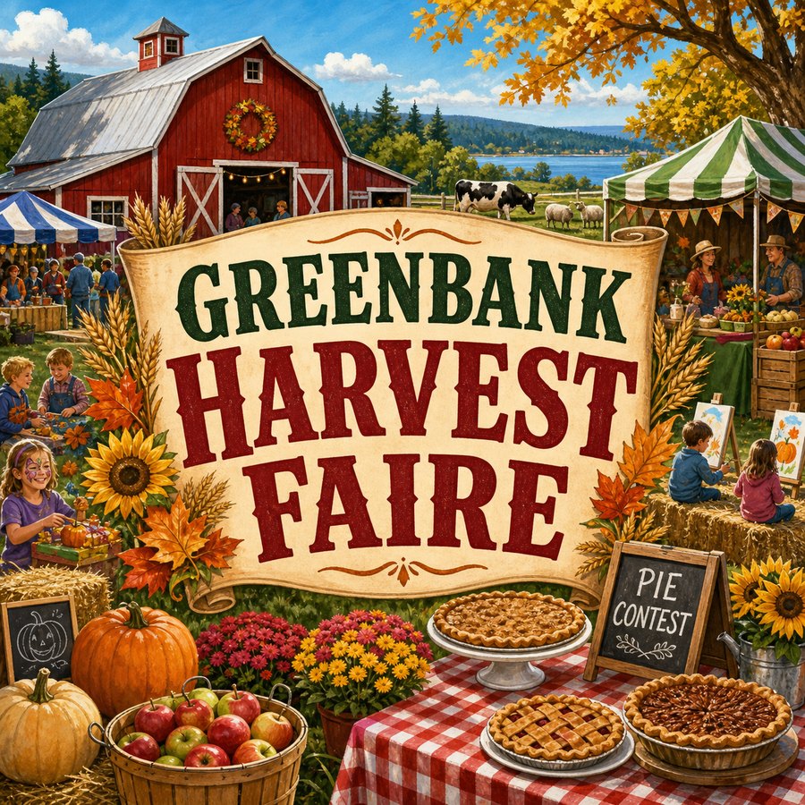 Illustrated Greenbank Farm harvest fair scene with red barn, market booths, pumpkins, apples, pie contest table, flowers, and overlay text reading Greenbank Harvest Faire.