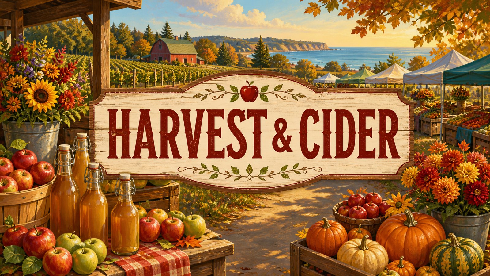 Illustrated Whidbey Island harvest and cider scene with apples, pumpkins, cider bottles, market tents, vineyard rows, and overlay text reading Harvest & Cider.