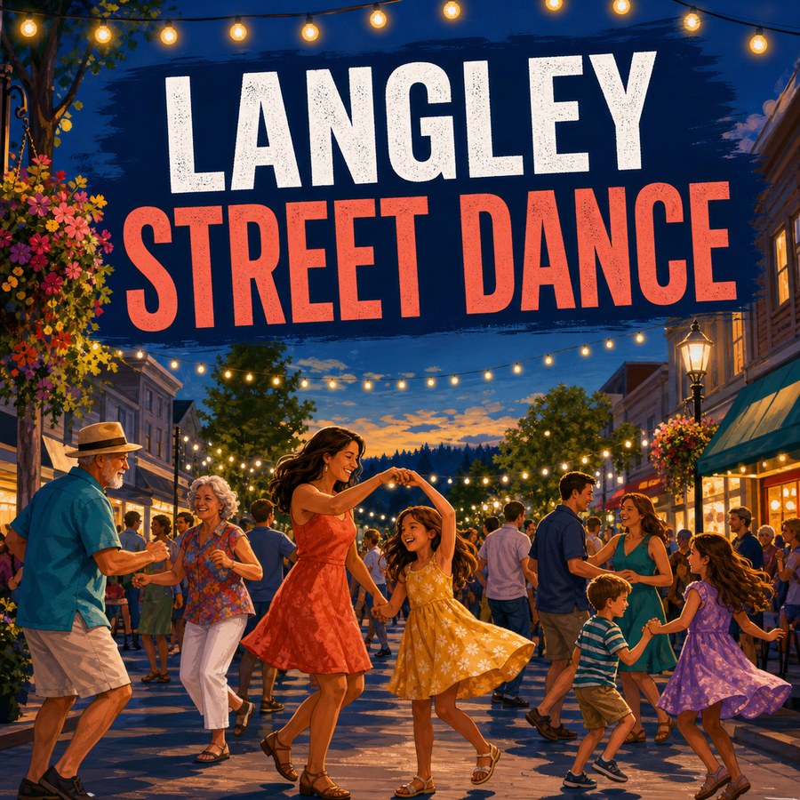 Langley Street Dance illustration with people dancing downtown under string lights and overlay text reading Langley Street Dance.