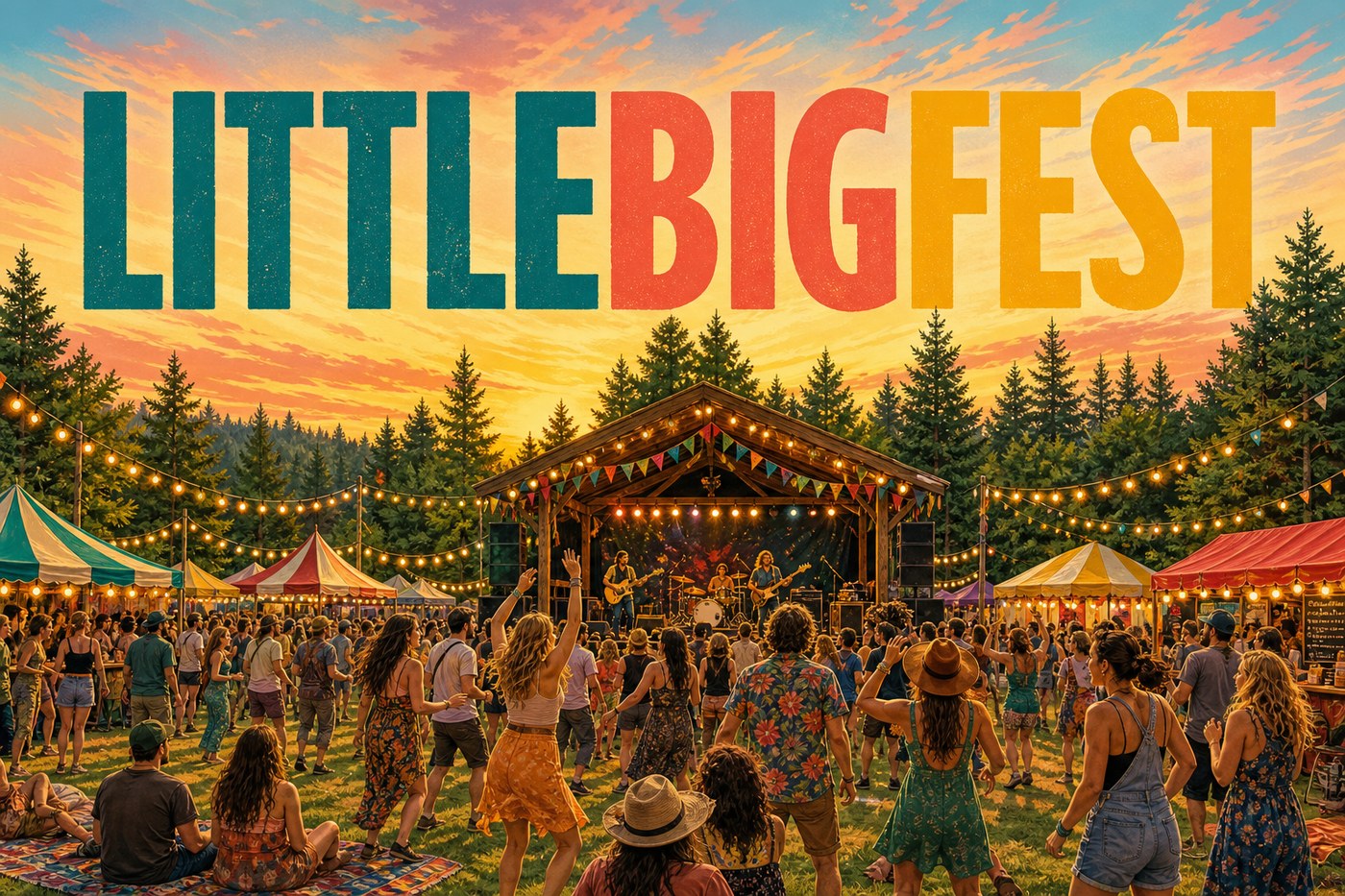 LittleBIGFest illustration with an outdoor music stage, festival tents, dancing crowd, evergreen trees, and overlay text reading LittleBIGFest.