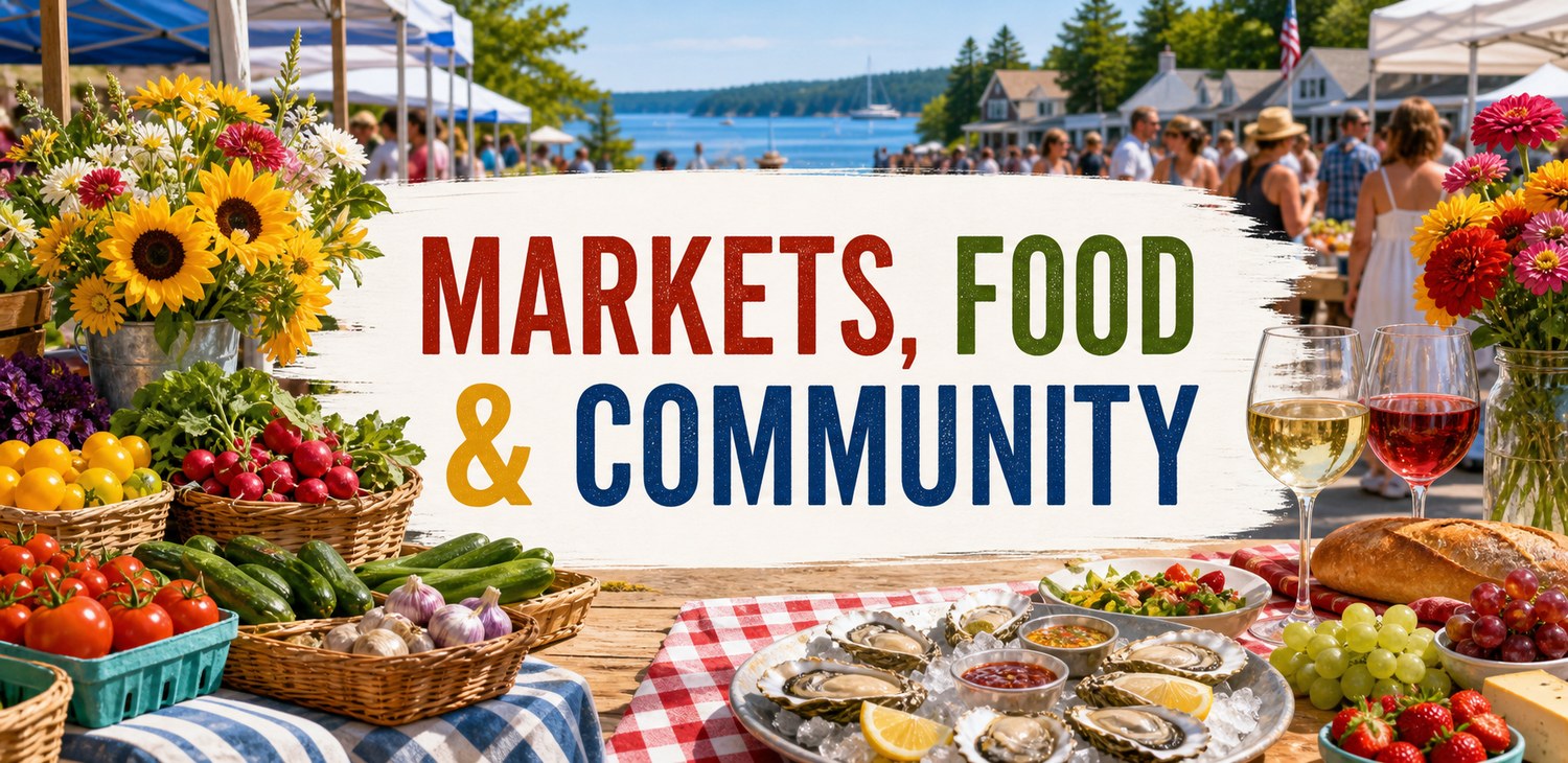 Whidbey Island farmers market illustration with produce, flowers, oysters, wine, community gathering, and overlay text reading Markets, Food & Community.