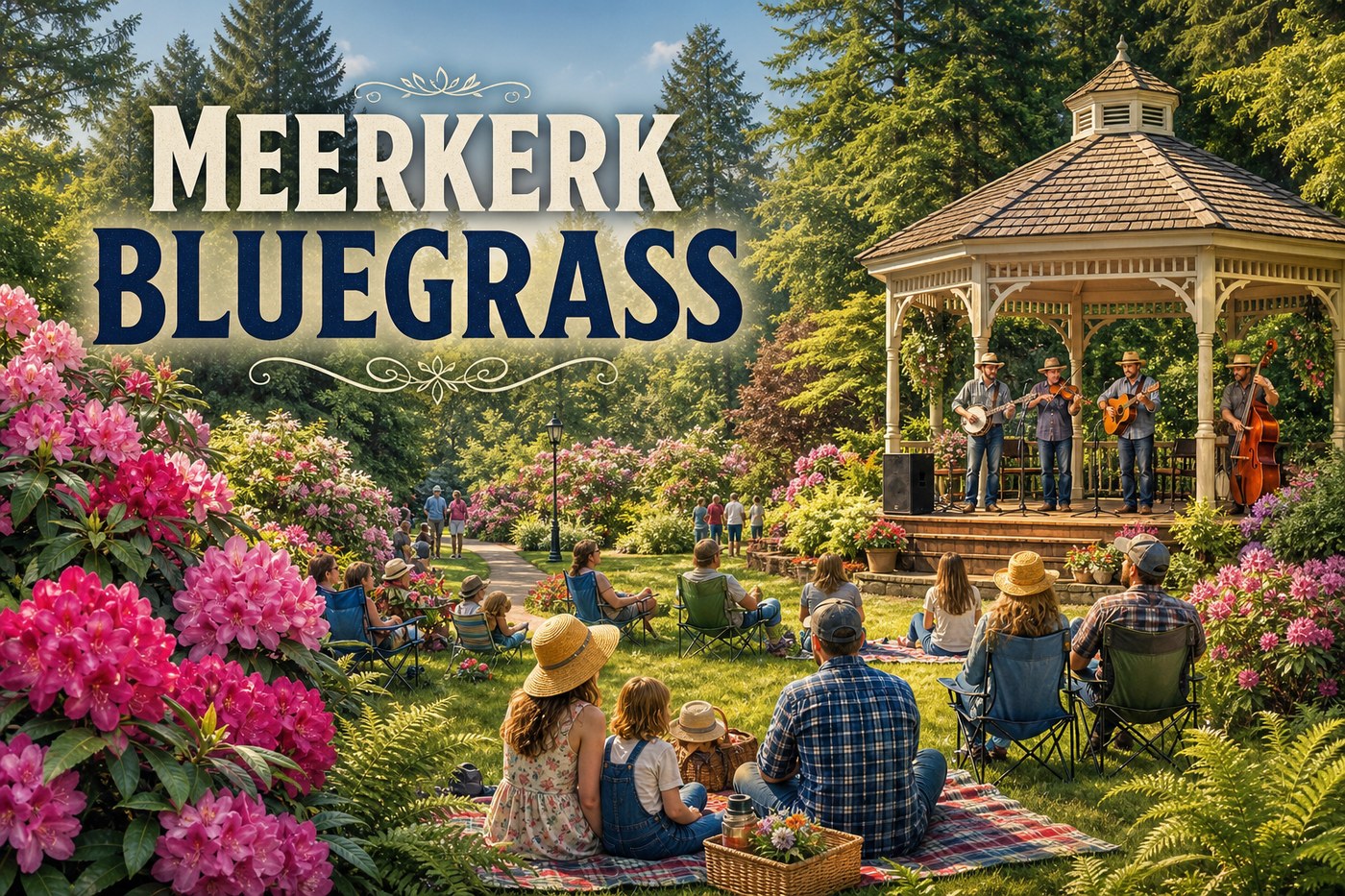 Meerkerk Bluegrass illustration with musicians performing in a garden gazebo, rhododendrons, picnic audience, and overlay text reading Meerkerk Bluegrass.