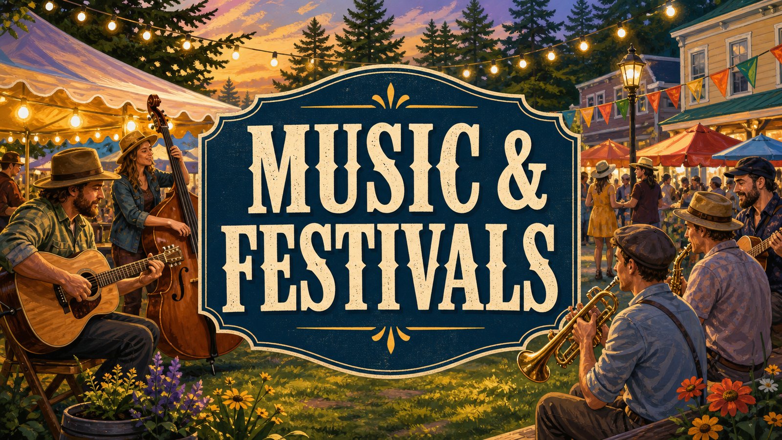 Illustrated Whidbey Island music festival scene with outdoor musicians, string lights, tents, brass instruments, guitars, and overlay text reading Music & Festivals.