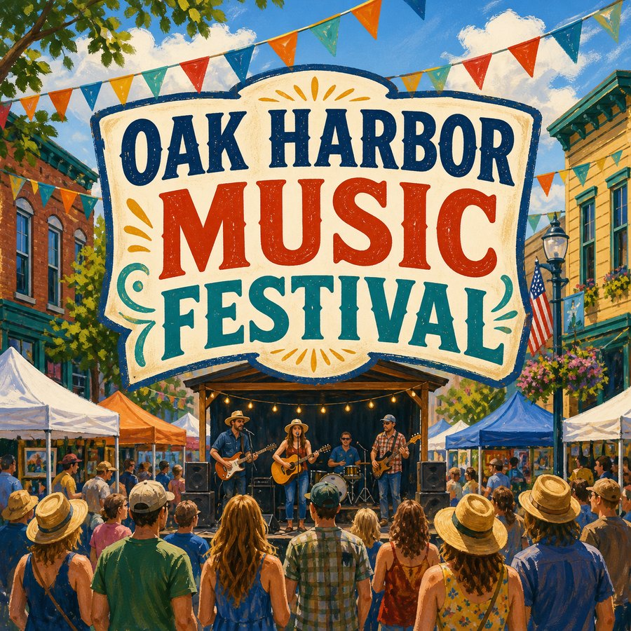 Illustrated Oak Harbor Music Festival scene with downtown street stage, musicians, festival flags, tents, audience, and overlay text reading Oak Harbor Music Festival.