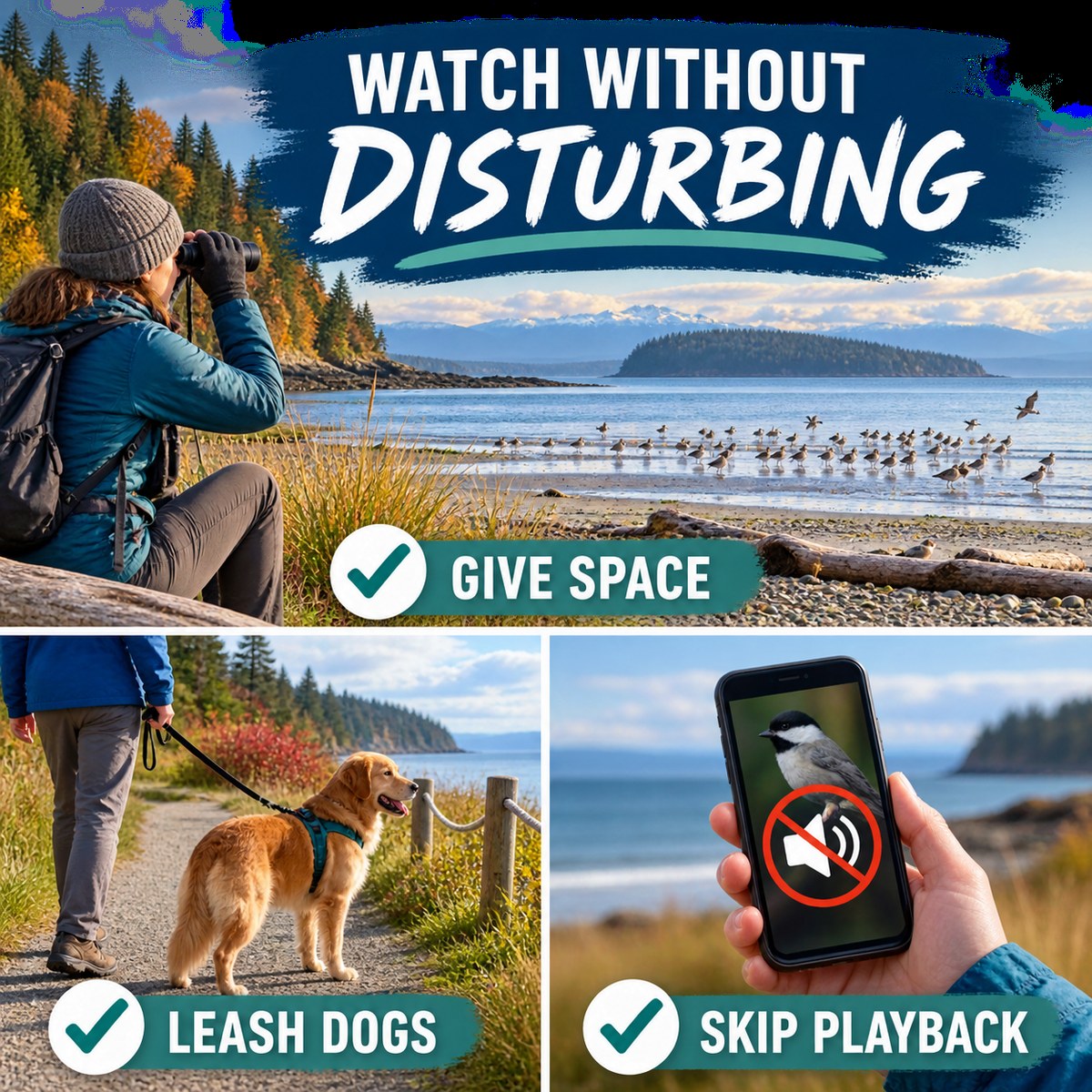 Responsible Whidbey birdwatching checklist to give birds space, leash dogs, and skip bird-call playback