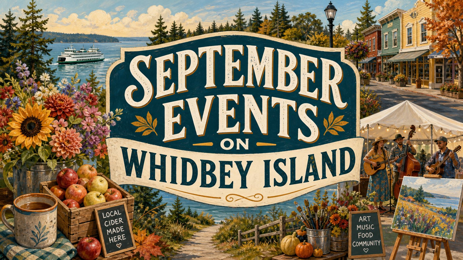 Illustrated September events guide hero for Whidbey Island with ferry, shoreline, music, art, cider, flowers, small-town streets, and overlay text reading September Events on Whidbey Island.