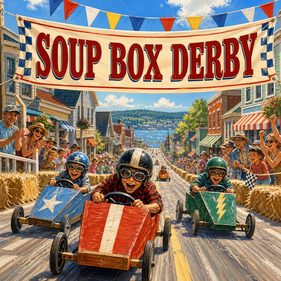 Illustrated Langley Soup Box Derby scene with homemade race carts rolling downhill, cheering spectators, colorful flags, storefronts, and overlay text reading Soup Box Derby.