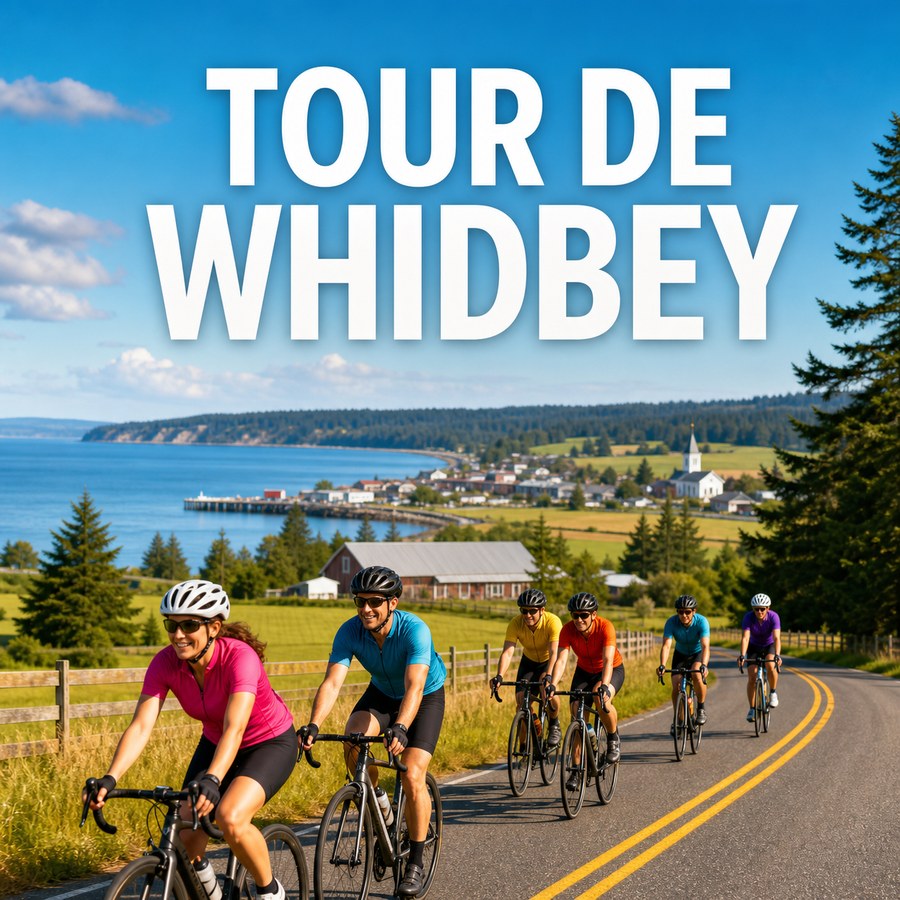 Tour de Whidbey cycling illustration with riders on a scenic island road and overlay text reading Tour de Whidbey.
