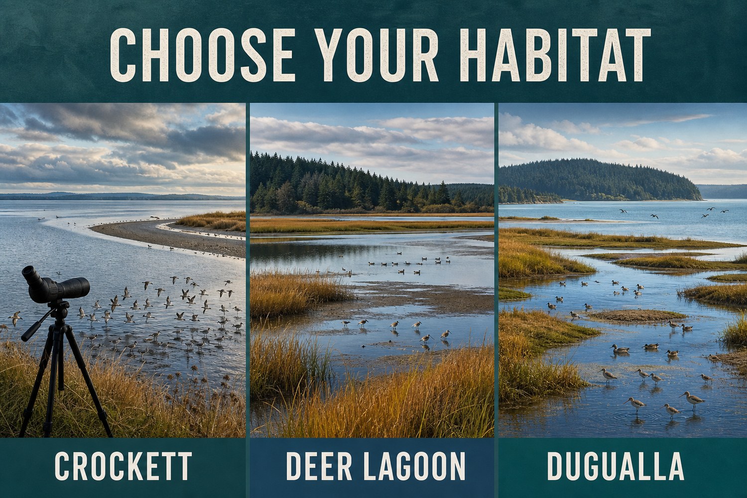 Whidbey fall birding habitat comparison for Crockett Lake, Deer Lagoon, and Dugualla Bay