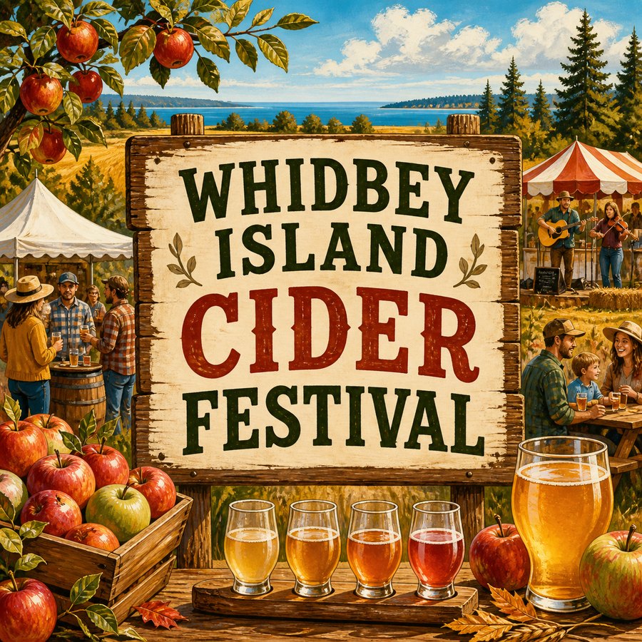 Illustrated Whidbey Island Cider Festival scene with apple trees, cider tastings, tents, musicians, families, and overlay text reading Whidbey Island Cider Festival.