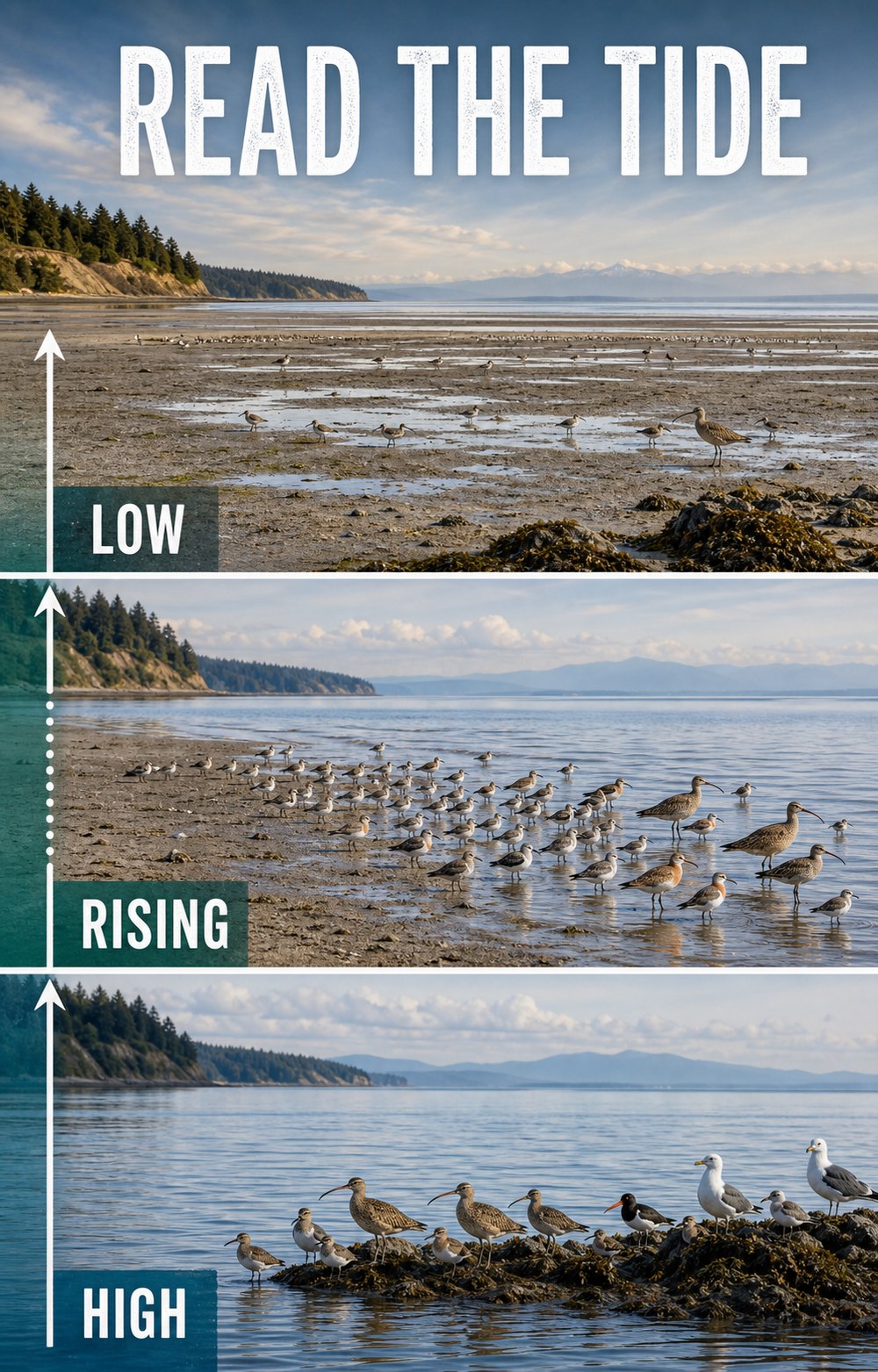 Three-panel Whidbey shorebird infographic showing low, rising, and high tide viewing conditions