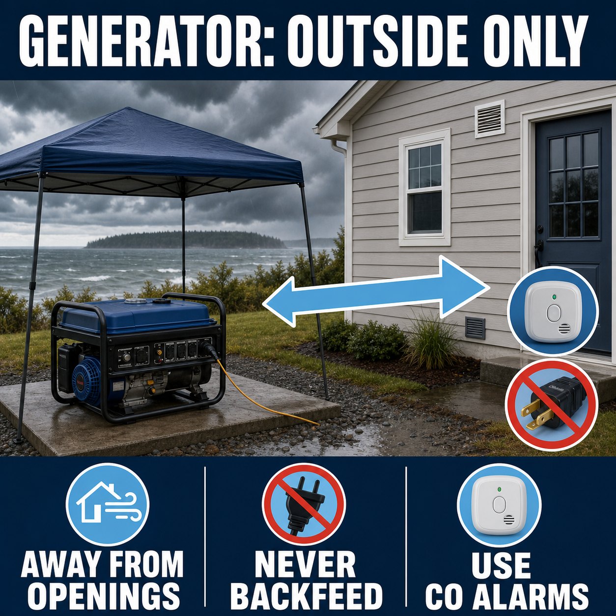 Portable generator safety infographic showing outdoor placement away from openings, no backfeeding, and carbon monoxide alarms