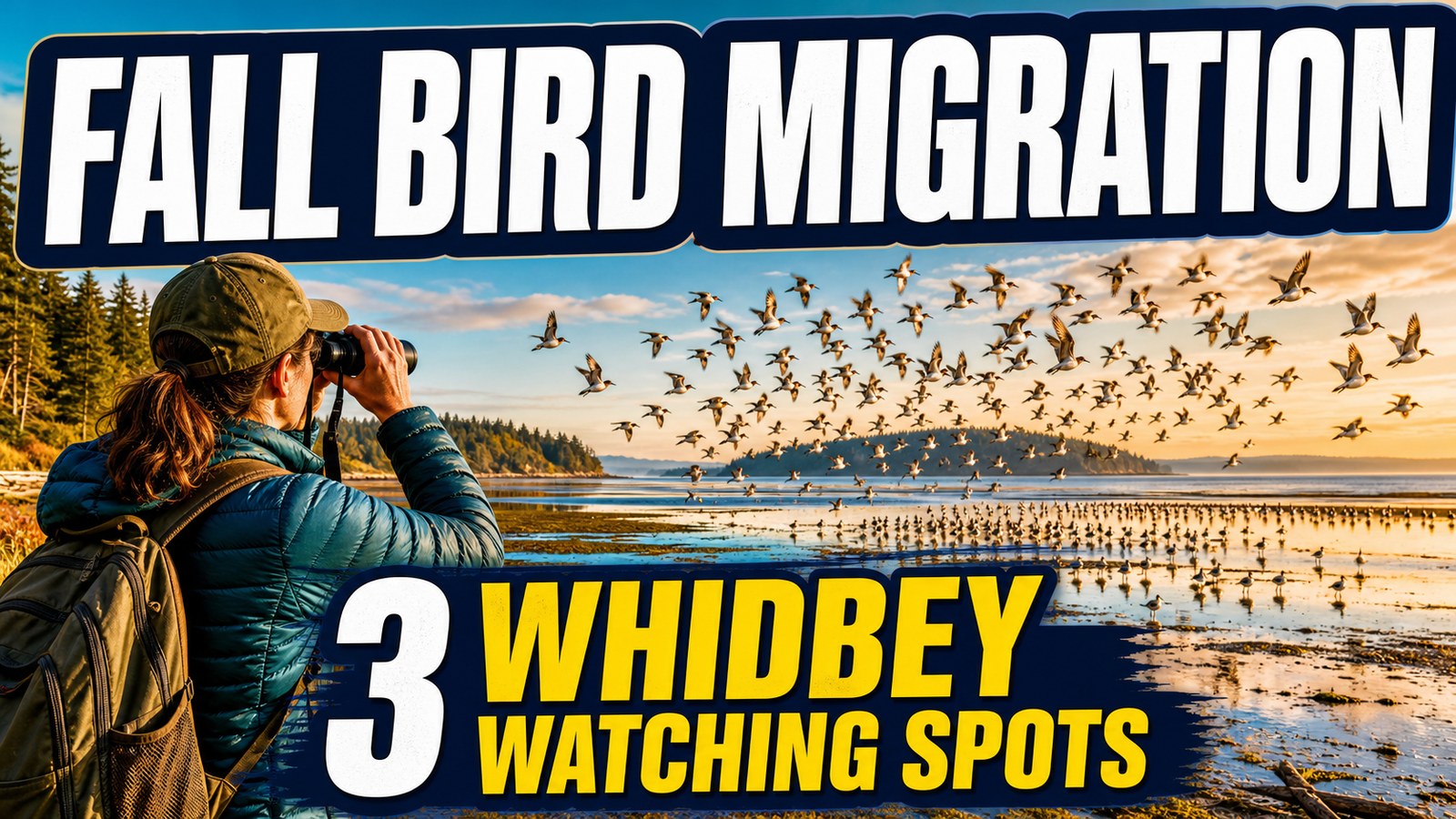 Fall bird migration over Whidbey Island mudflats with a birder using binoculars and text reading 3 Whidbey watching spots