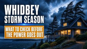 Whidbey Island storm season guide hero with wind-bent evergreens, a prepared coastal home, and text reading what to check before the power goes out