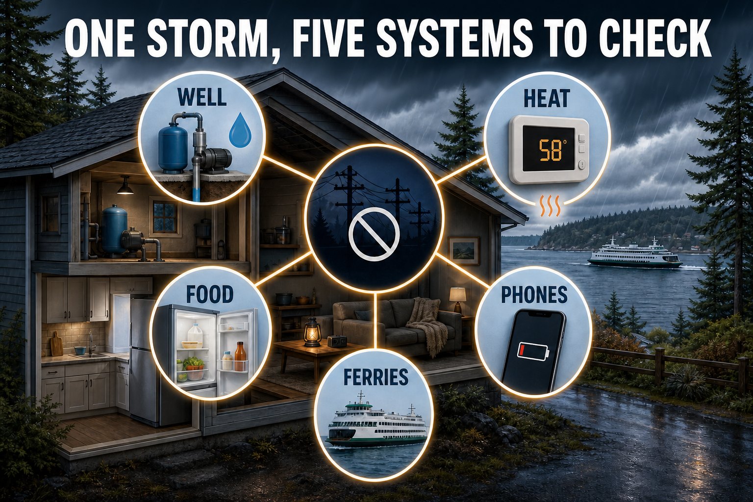 Whidbey storm systems diagram connecting one storm to well water, heat, food, phones, and ferry checks