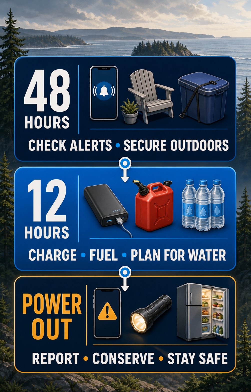 Whidbey storm preparation timeline showing what to do 48 hours before, 12 hours before, and when the power goes out