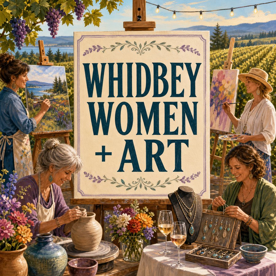 Illustrated Whidbey Women + Art vineyard art show with women artists, paintings, pottery, jewelry, flowers, wine glasses, and overlay text reading Whidbey Women + Art.