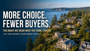 Aerial view of homes among evergreen trees overlooking Whidbey Island waters with text reading More Choice. Fewer Buyers. This Might Not Mean What You Think It Means.