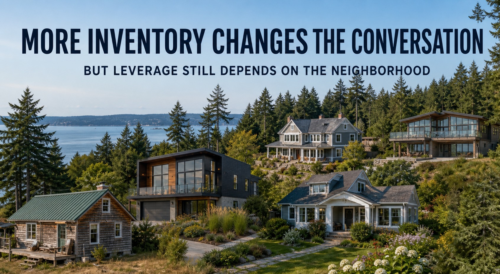Whidbey Island homes with text explaining that more inventory changes the conversation but leverage depends on the neighborhood.
