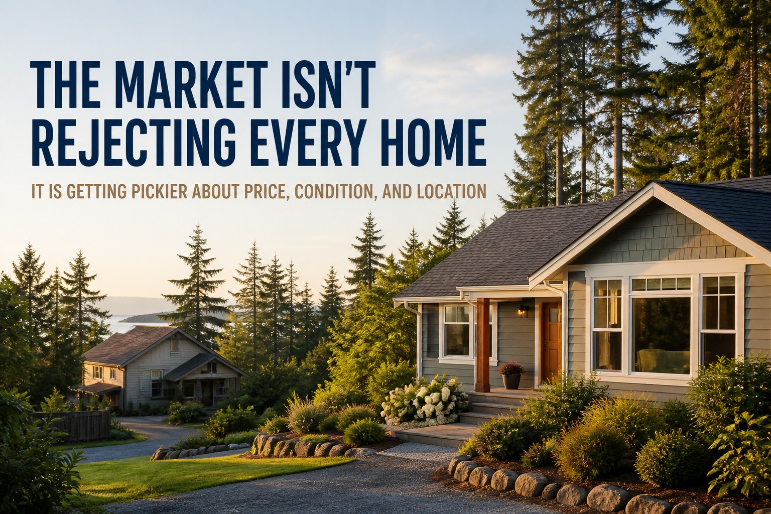 A Whidbey Island home with text explaining that buyers are becoming more selective about price, condition, and location.
