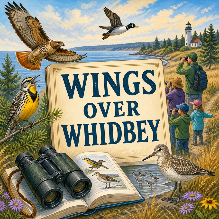 Illustrated Wings Over Whidbey bird festival scene with binoculars, field guide, birdwatchers, raptors, shorebirds, lighthouse, and overlay text reading Wings Over Whidbey.