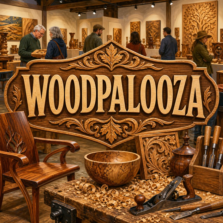 Illustrated Woodpalooza woodworking exhibition with carved wooden sign, handmade chairs, bowls, tools, wood shavings, gallery visitors, and overlay text reading Woodpalooza.