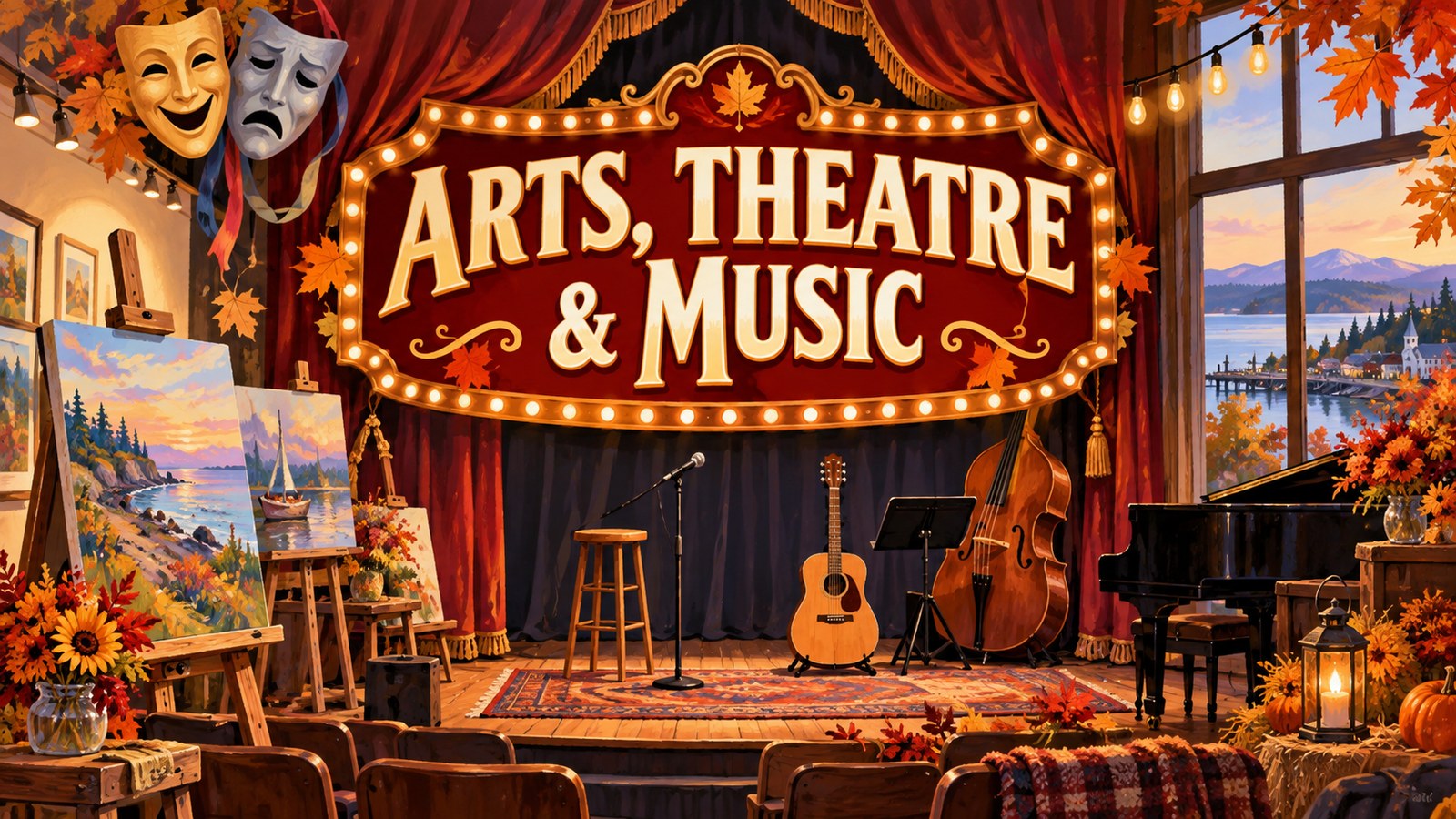 Autumn theatre stage with instruments, dramatic masks, red curtains, and text reading Arts, Theatre & Music.