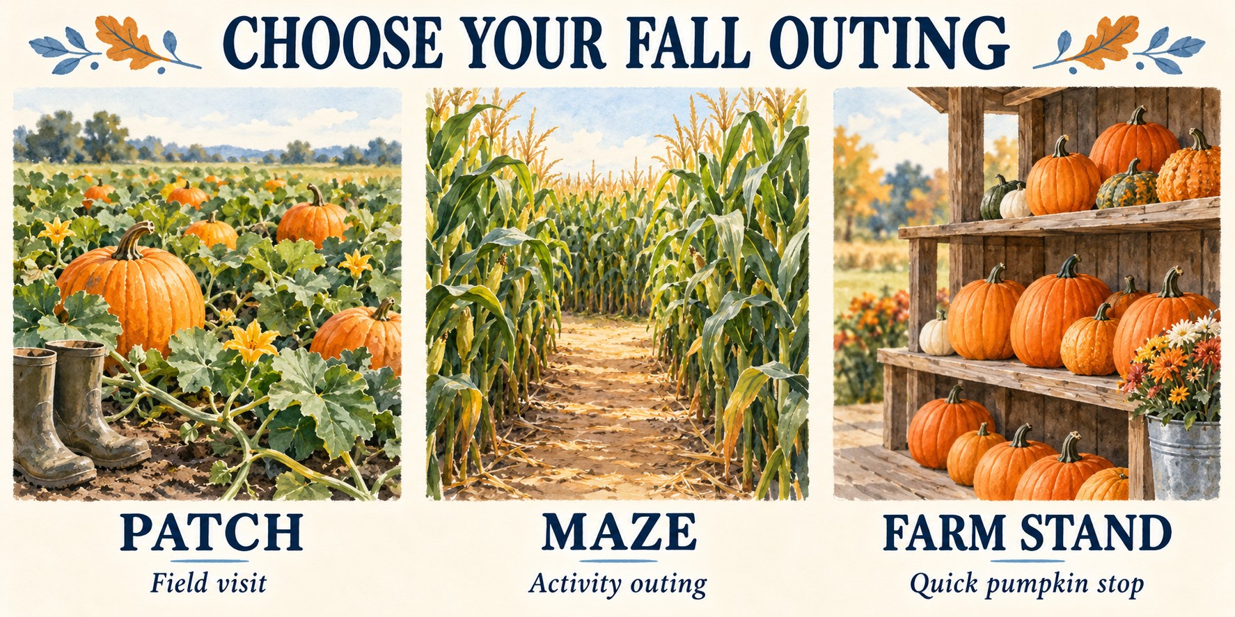 Illustrated comparison of a pumpkin patch, corn maze, and farm stand, labeled Field visit, Activity outing, and Quick pumpkin stop.