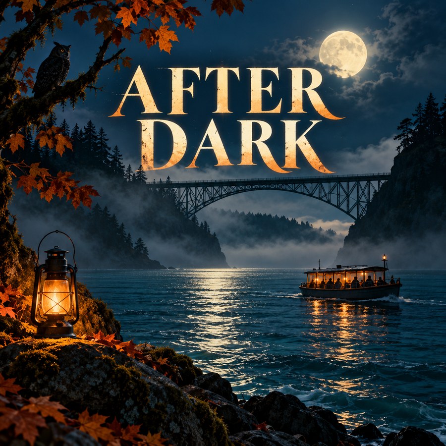 Illustrated moonlit bridge and boat on the water, framed by autumn leaves and a lantern, with text reading After Dark.