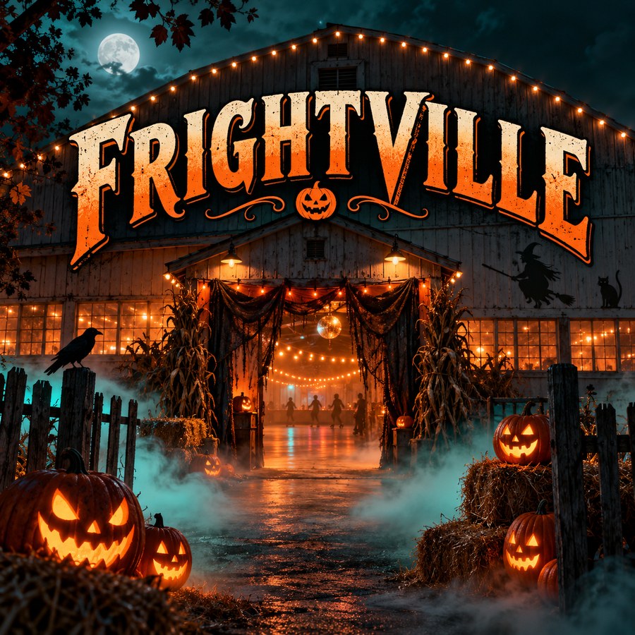 Illustrated haunted barn entrance with glowing pumpkins, fog, and a large Frightville sign.