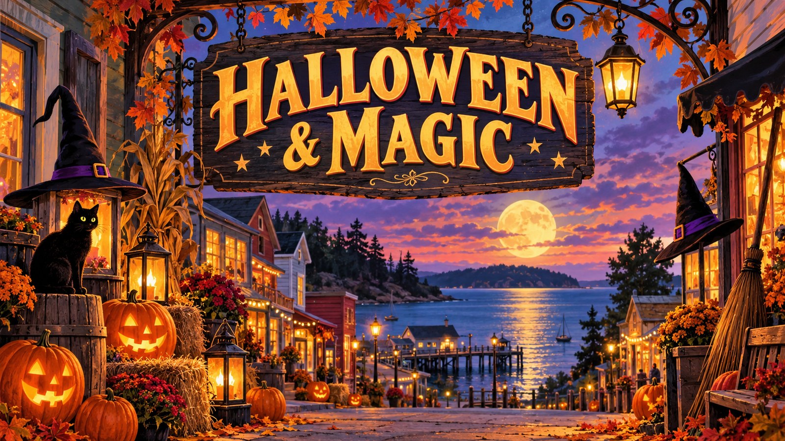 Illustrated waterfront town at dusk with pumpkins, lanterns, autumn leaves, and text reading Halloween & Magic.