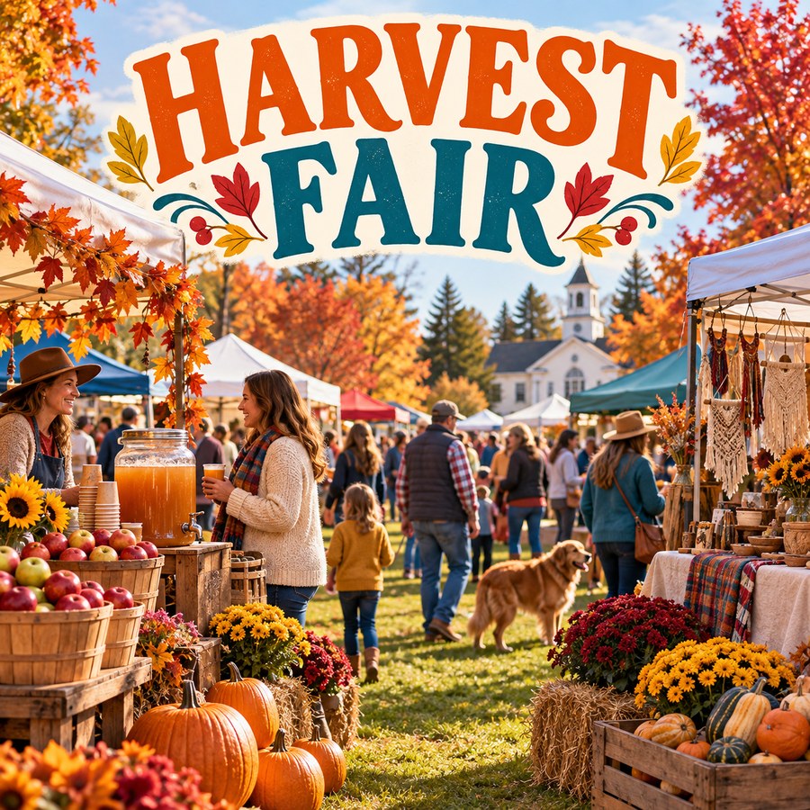 Illustrated fall fair with market stalls, visitors, pumpkins, and apples beneath text reading Harvest Fair.