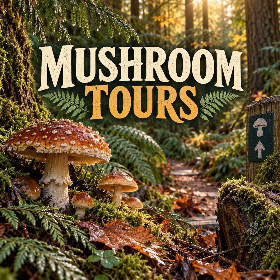 Illustrated forest trail with mushrooms, ferns, moss, and autumn leaves beneath text reading Mushroom Tours.