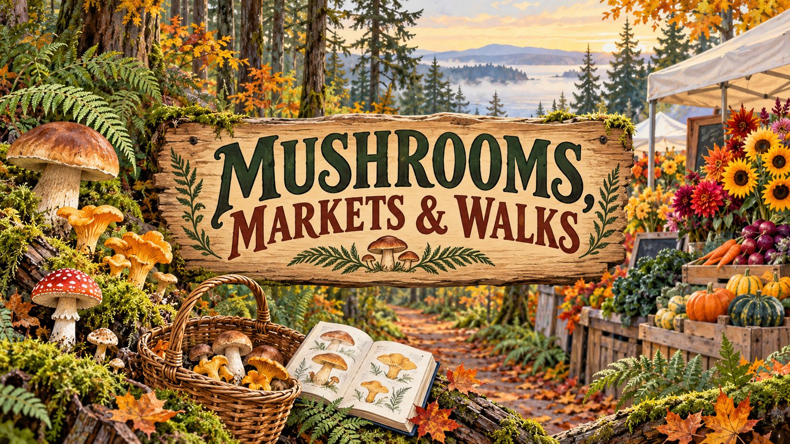 Illustrated forest and farmers market scene with mushrooms, produce, flowers, and text reading Mushrooms, Markets & Walks.