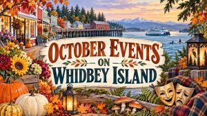 Illustrated Whidbey Island waterfront with pumpkins, autumn flowers, lanterns, and text reading “October Events on Whidbey Island.”