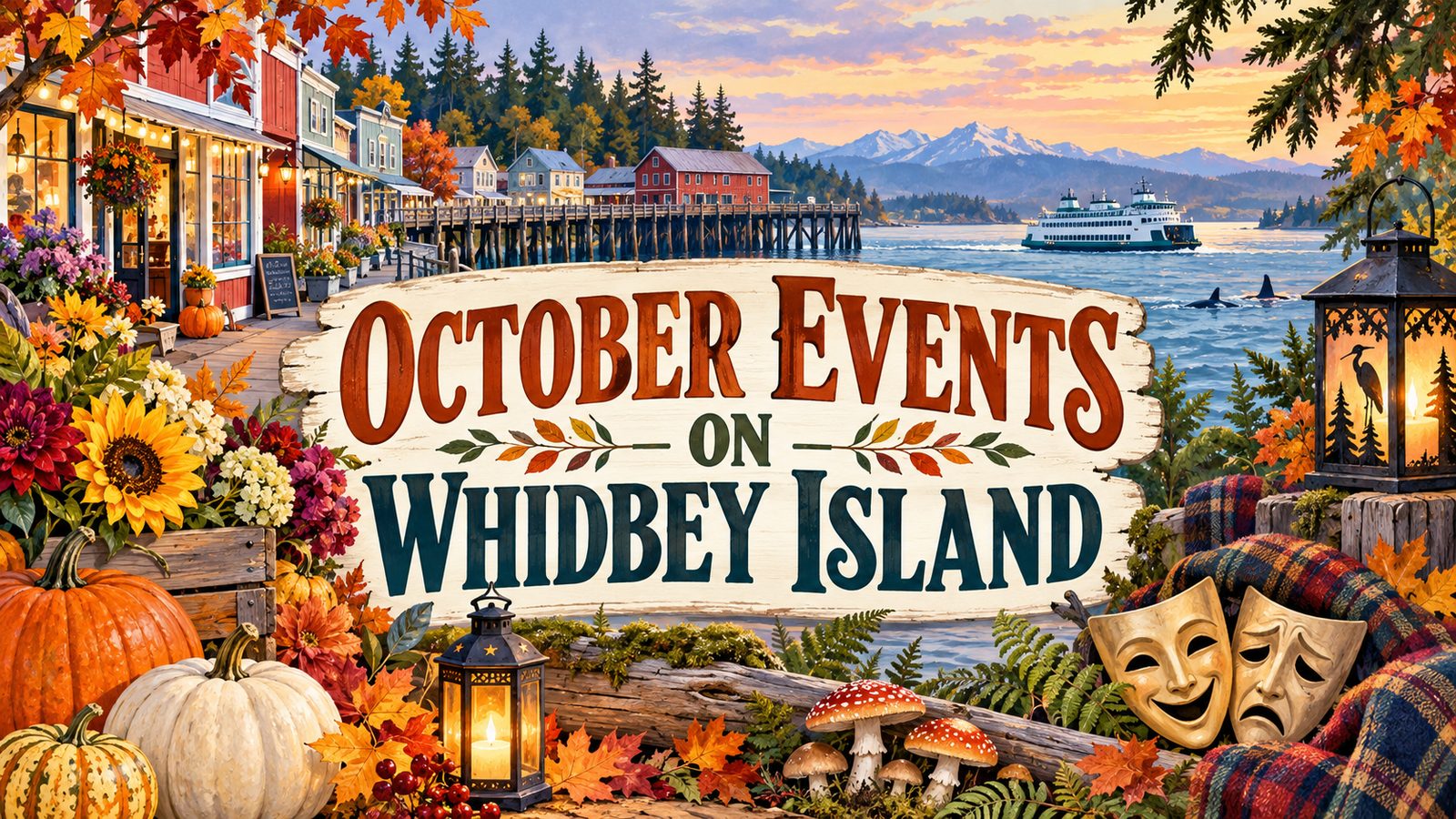 Illustrated Whidbey Island waterfront with pumpkins, autumn flowers, lanterns, and text reading “October Events on Whidbey Island.”
