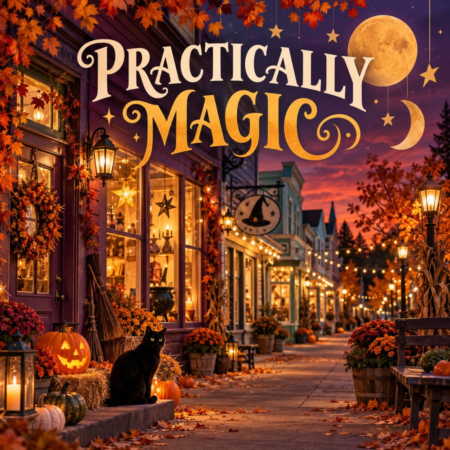 Illustrated autumn village street at dusk with glowing lanterns, pumpkins, and text reading Practically Magic.