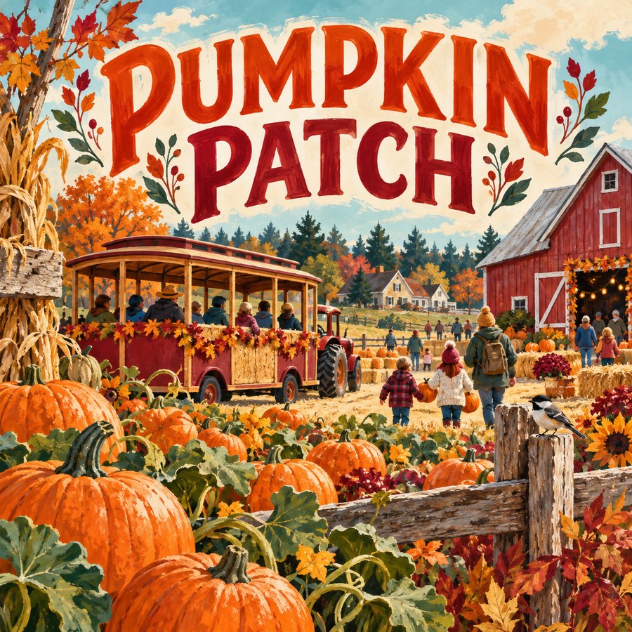 Illustrated pumpkin patch with families, a trolley, red barn, and text reading Pumpkin Patch.