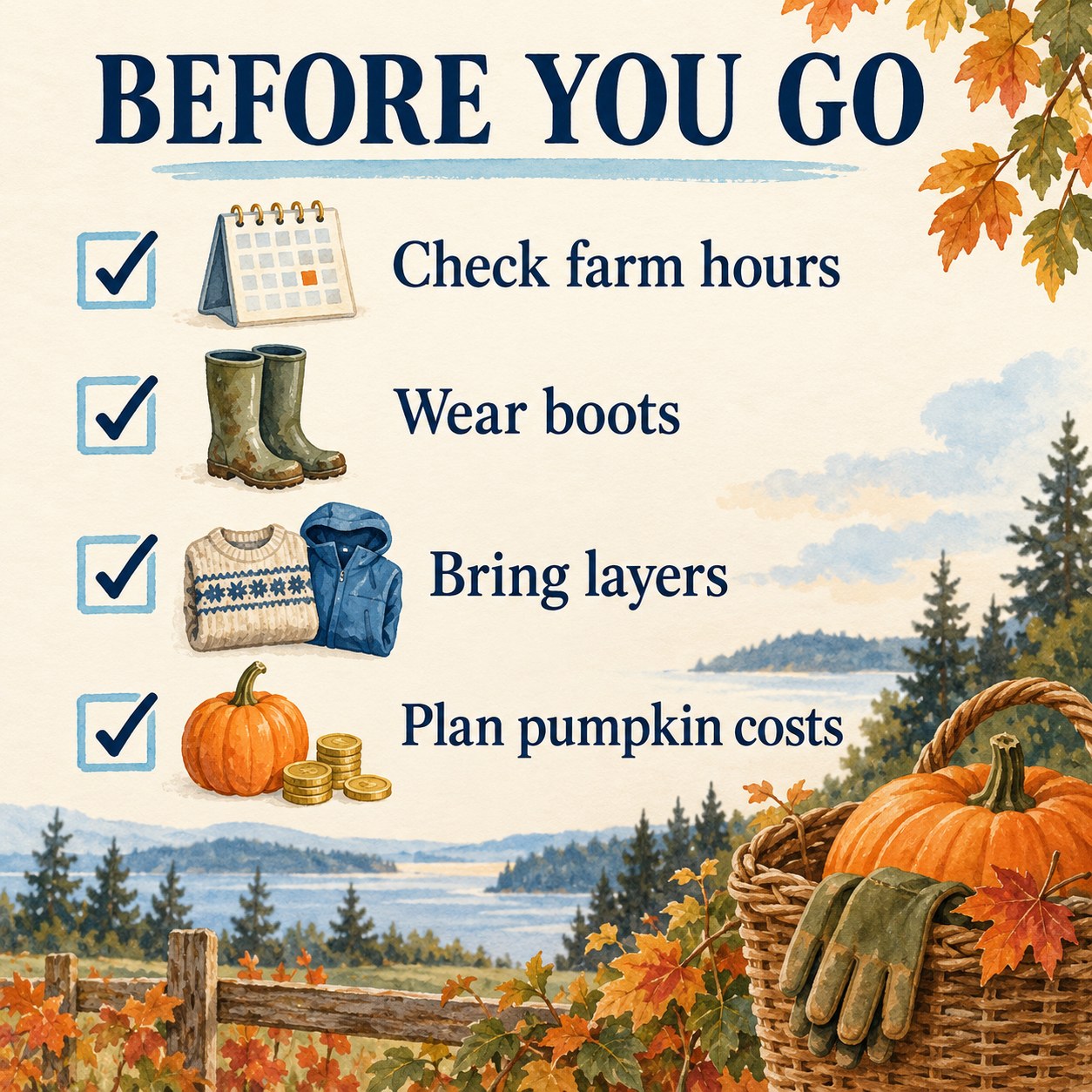 Illustrated pumpkin-visit checklist: check farm hours, wear boots, bring layers, and plan pumpkin costs.