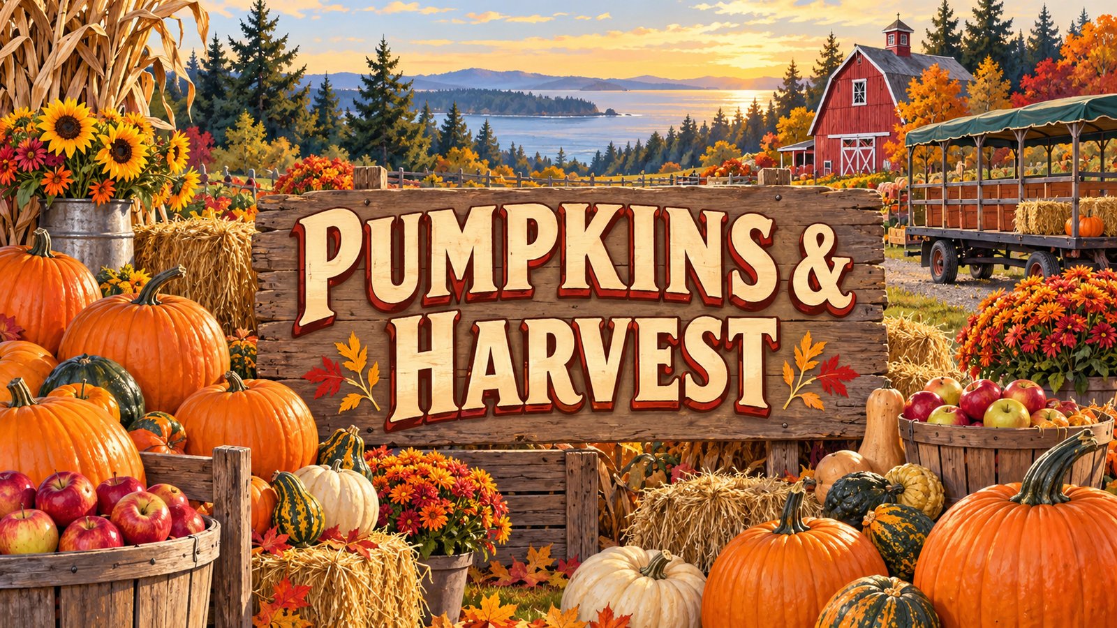 Illustrated autumn farm with pumpkins, apples, sunflowers, a red barn, and text reading Pumpkins & Harvest.