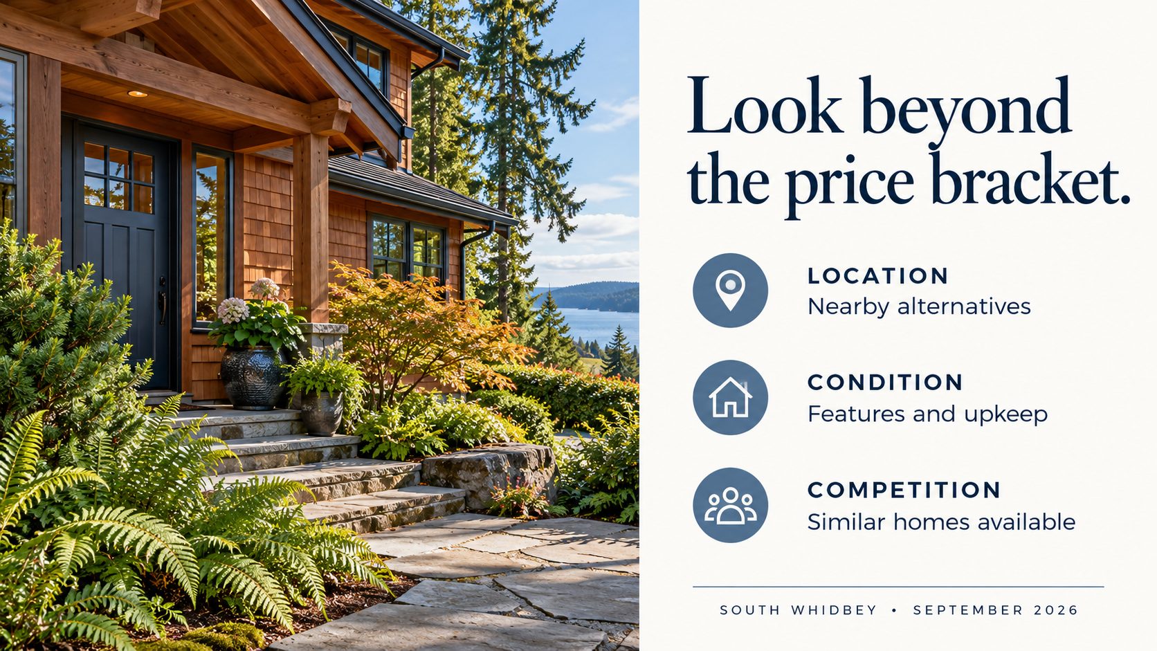 Illustrated cedar home beside a checklist of location, condition, and competing homes to consider beyond price.