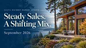 Illustrated South Whidbey coastal home with text: Steady Sales. A Shifting Mix. September 2026.