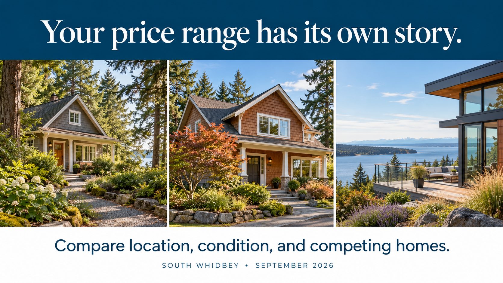 Three illustrative South Whidbey homes with guidance to compare location, condition, and competing homes.