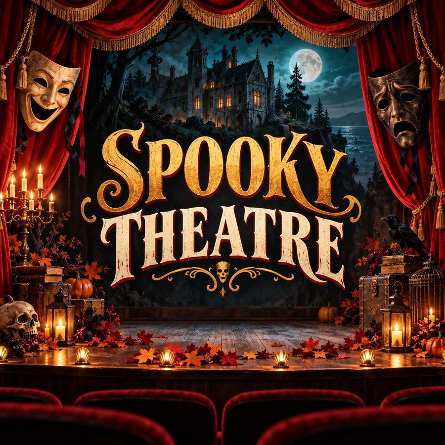 Illustrated candlelit theatre stage with red curtains, dramatic masks, and text reading Spooky Theatre.