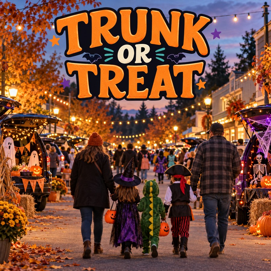 Illustrated families in costumes approaching decorated cars under string lights, with text reading Trunk or Treat.