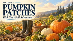 Editorial pumpkin-field illustration with boots and a basket beneath the words Whidbey Pumpkin Patches and Pick Your Fall Adventure.