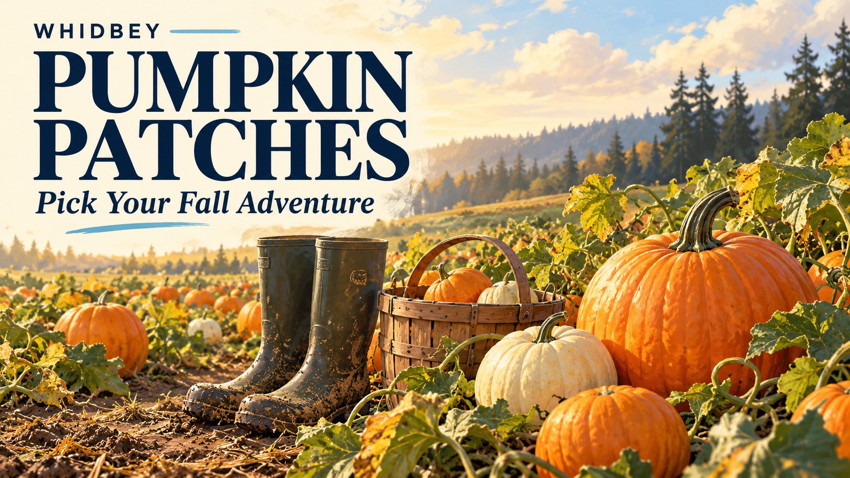 Editorial pumpkin-field illustration with boots and a basket beneath the words Whidbey Pumpkin Patches and Pick Your Fall Adventure.